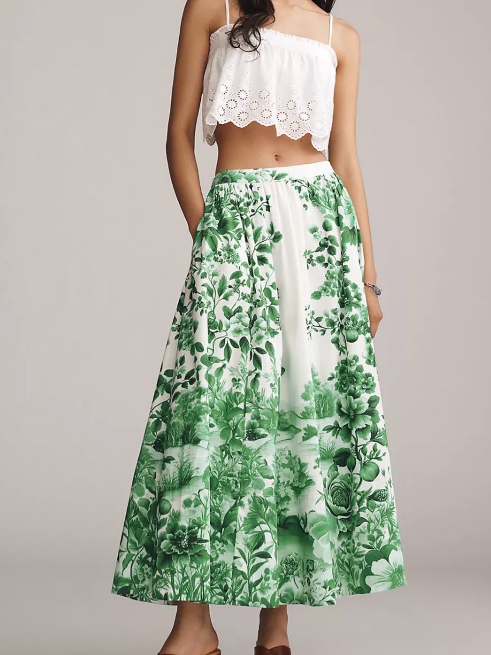 Jacie Poplin green & white floral Printed Maxi Skirt by Maeve Size Large